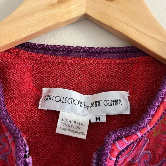 Vintage UMI Collections Anne Crimmins Embroidered Red Zip Cardigan M Boho Artsy - Picture 4 of 7